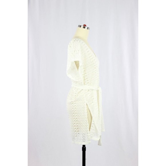 KONA SOL White Crochet V-Neck Belted Mini Dress Cover-Up, Size M - Picture 2 of 11